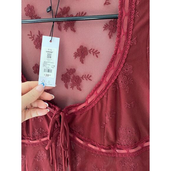 New Garage Denim Embroidered Mesh Tie Front Lace Top Size Small - Picture 2 of 3